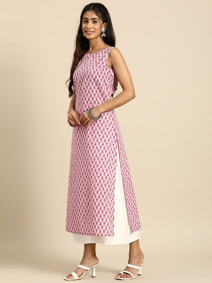 Women's Mauve Ethnic Printed Straight Sleevless Kurta