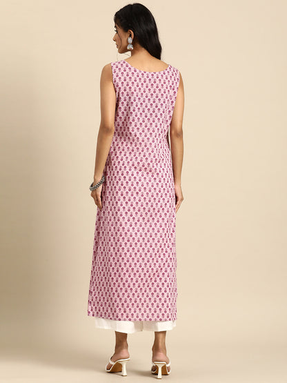 Women's Mauve Ethnic Printed Straight Sleevless Kurta
