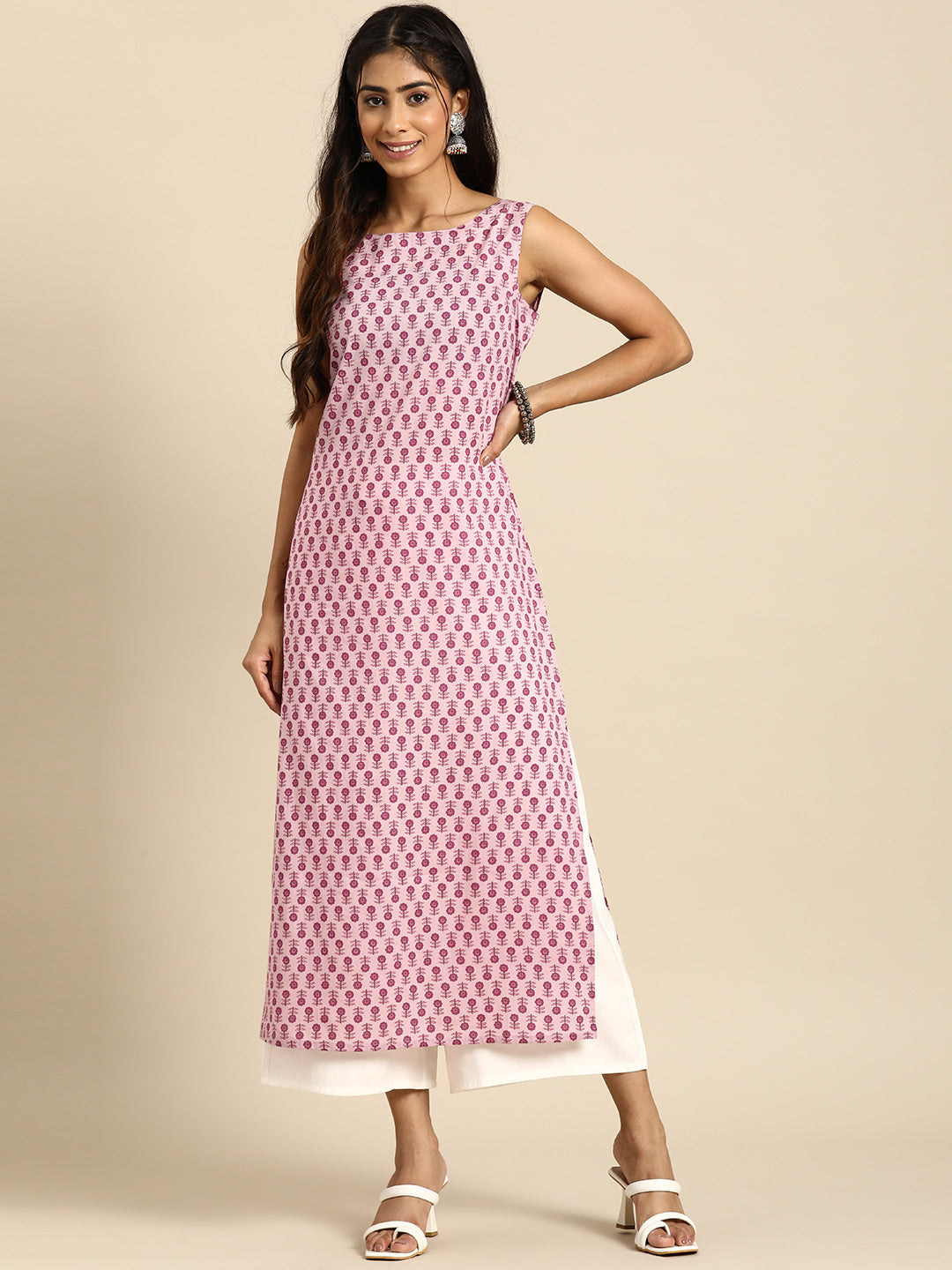 Women's Mauve Ethnic Printed Straight Sleevless Kurta