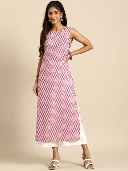Women's Mauve Ethnic Printed Straight Sleevless Kurta
