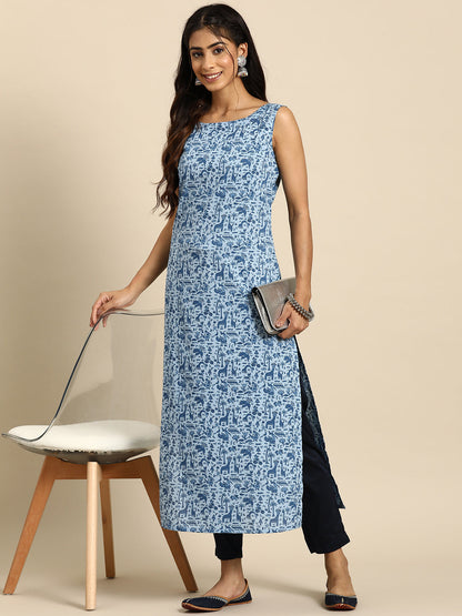 Women's Blue Ethnic Printed Straight Sleevless Kurta