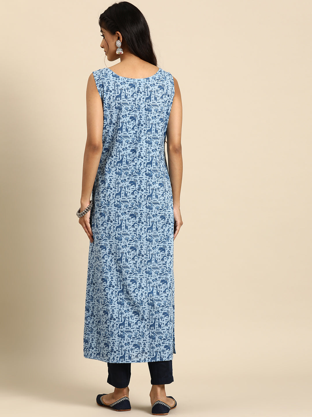 Women's Blue Ethnic Printed Straight Sleevless Kurta