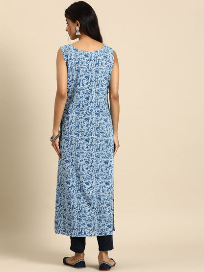 Women's Blue Ethnic Printed Straight Sleevless Kurta