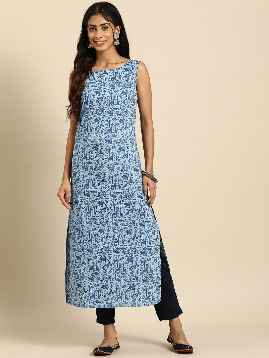 Women's Blue Ethnic Printed Straight Sleevless Kurta