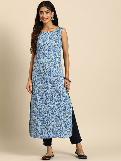 Women's Blue Ethnic Printed Straight Sleevless Kurta