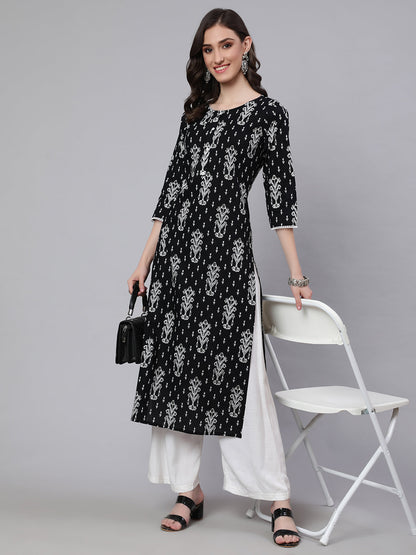 Women's Black Printed straight Kurta With three qurter sleeves