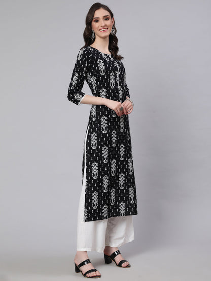 Women's Black Printed straight Kurta With three qurter sleeves