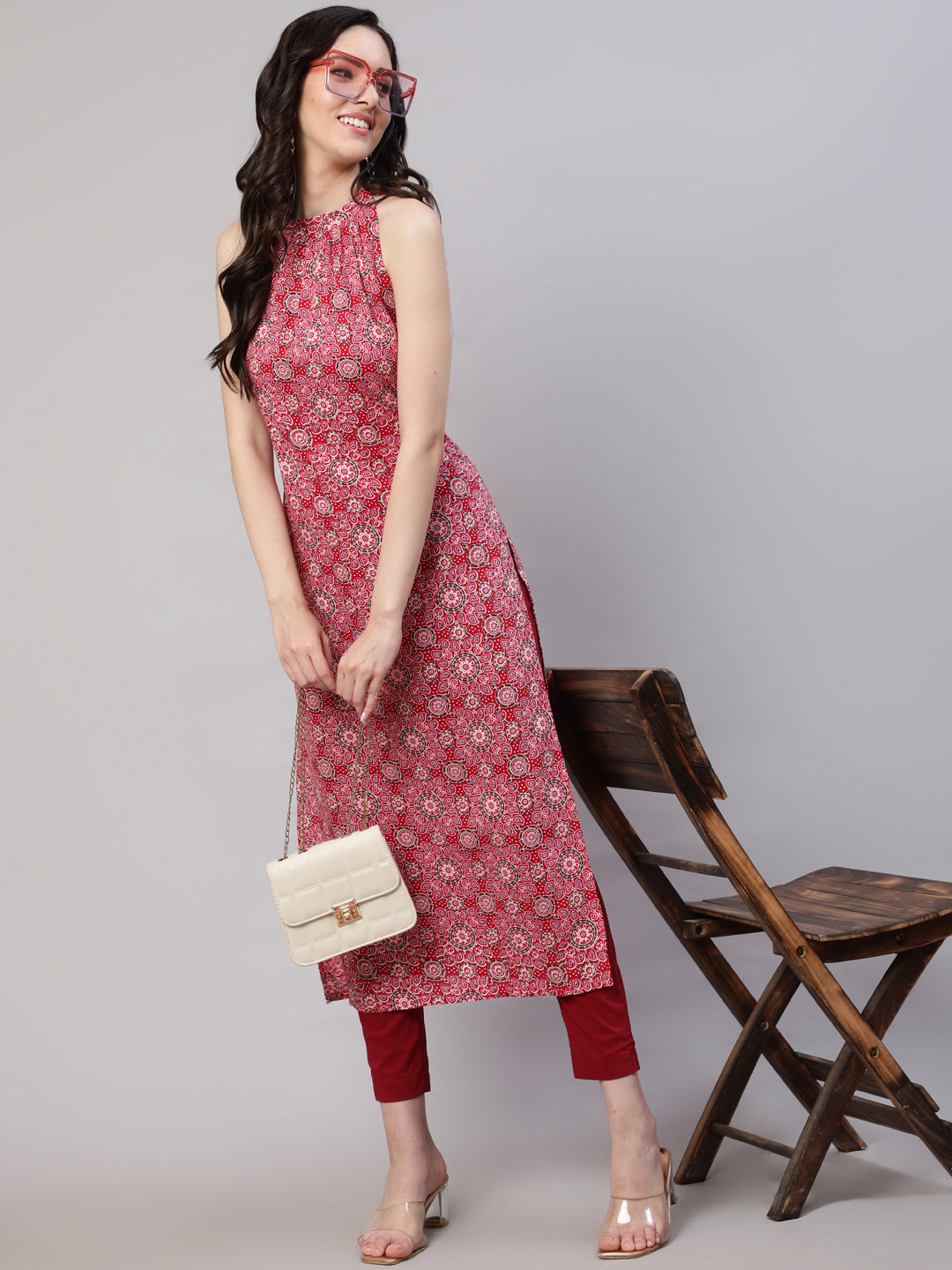 Women's Pink Printed Halter Neck Straight Kurta