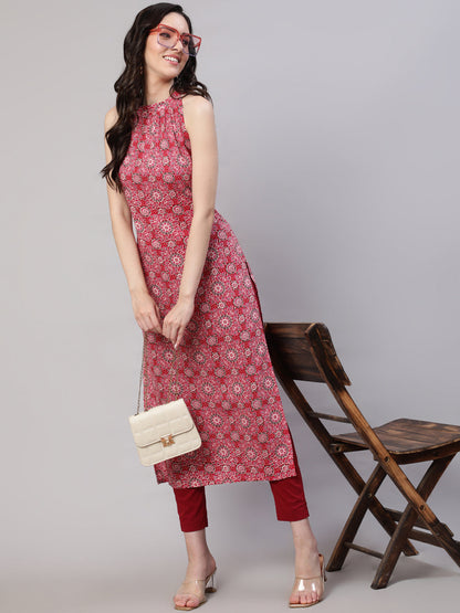 Women's Pink Printed Halter Neck Straight Kurta