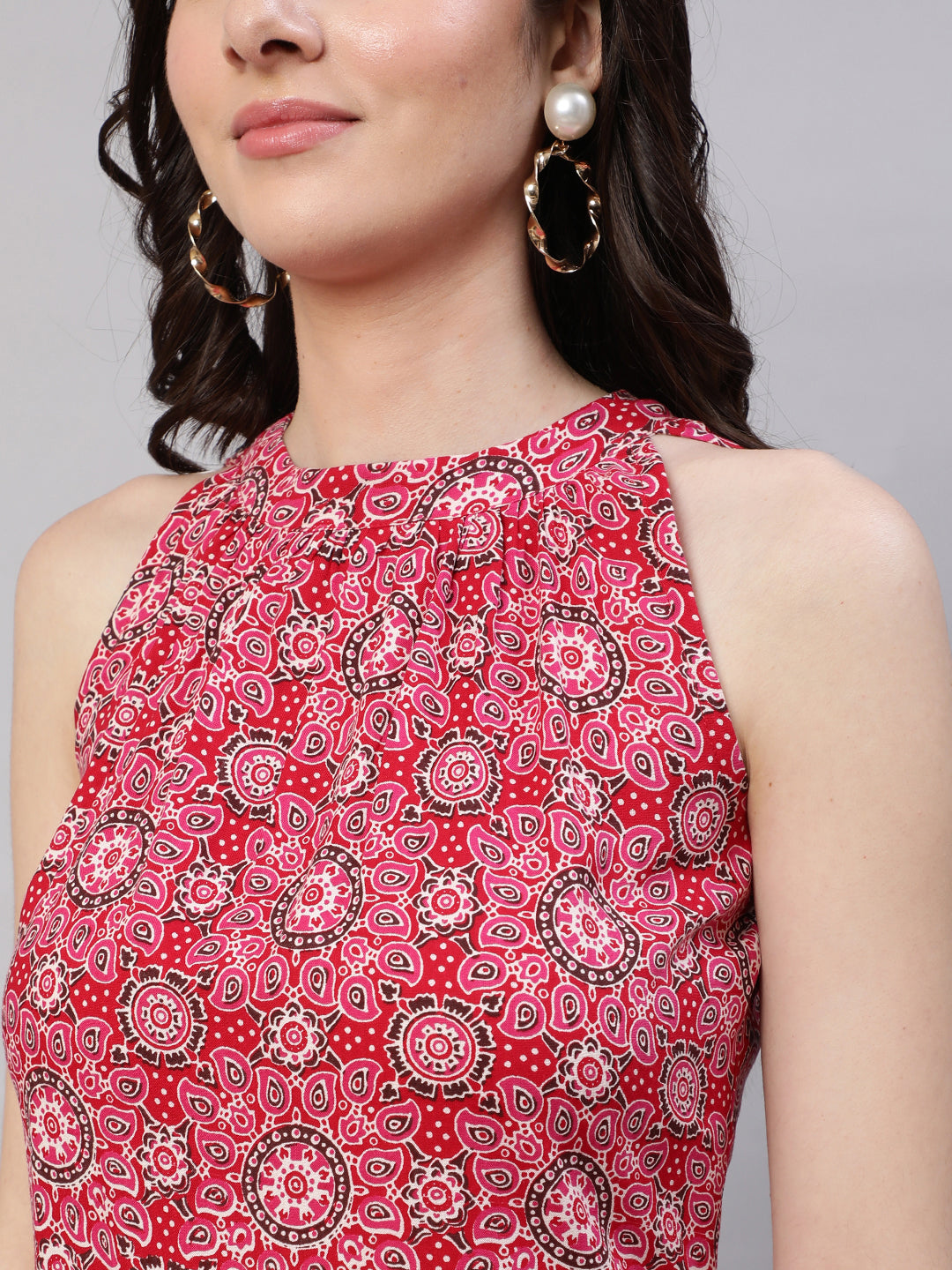 Women's Pink Printed Halter Neck Straight Kurta
