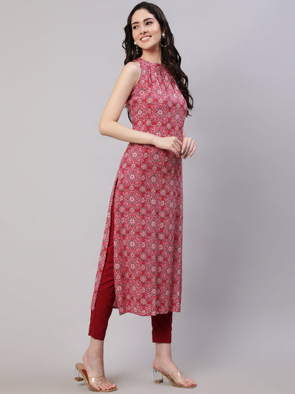 Women's Pink Printed Halter Neck Straight Kurta