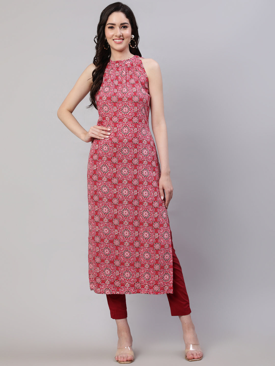 Women's Pink Printed Halter Neck Straight Kurta