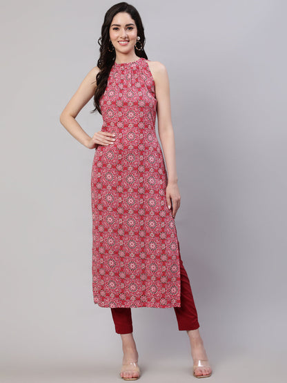 Women's Pink Printed Halter Neck Straight Kurta