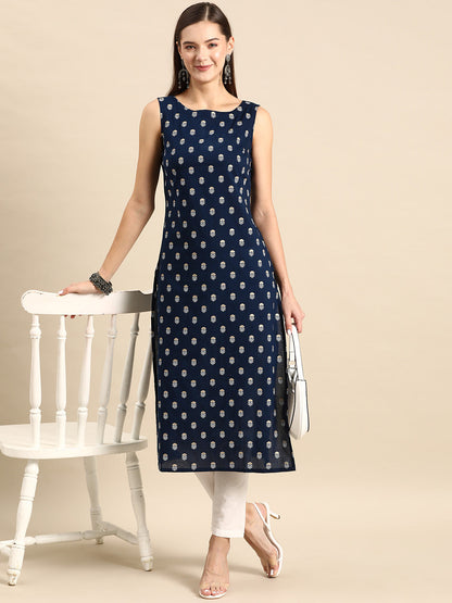 Women's Navy Blue Ethnic Printed Straight Sleevless Kurta