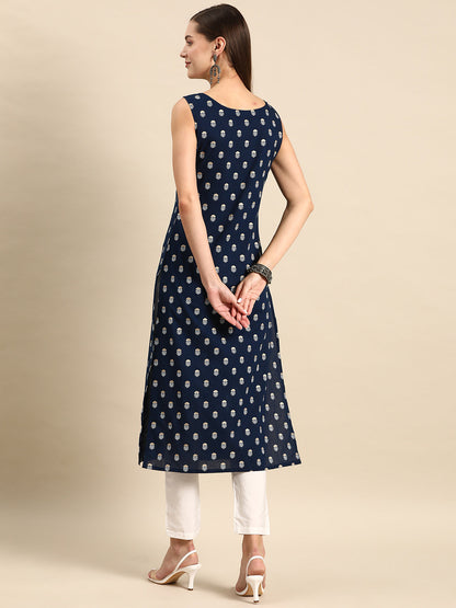 Women's Navy Blue Ethnic Printed Straight Sleevless Kurta