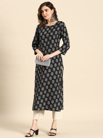 Women's Black Printed straight Kurta With three qurter sleeves