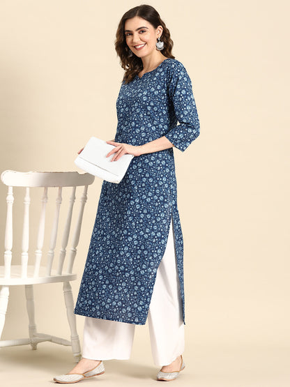 Women's Blue Ethnic Printed Straight Kurta with Three Quarter Sleeves