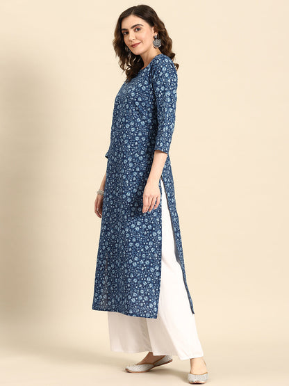 Women's Blue Ethnic Printed Straight Kurta with Three Quarter Sleeves