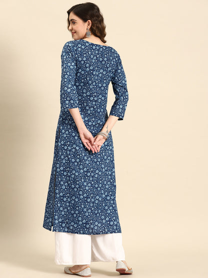 Women's Blue Ethnic Printed Straight Kurta with Three Quarter Sleeves