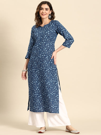 Women's Blue Ethnic Printed Straight Kurta with Three Quarter Sleeves