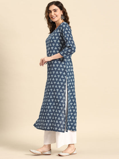 Women's Blue Ethnic Printed Straight Kurta with Three Quarter Sleeves
