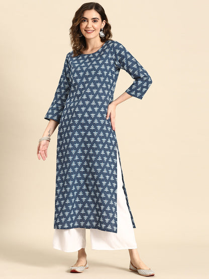 Women's Blue Ethnic Printed Straight Kurta with Three Quarter Sleeves