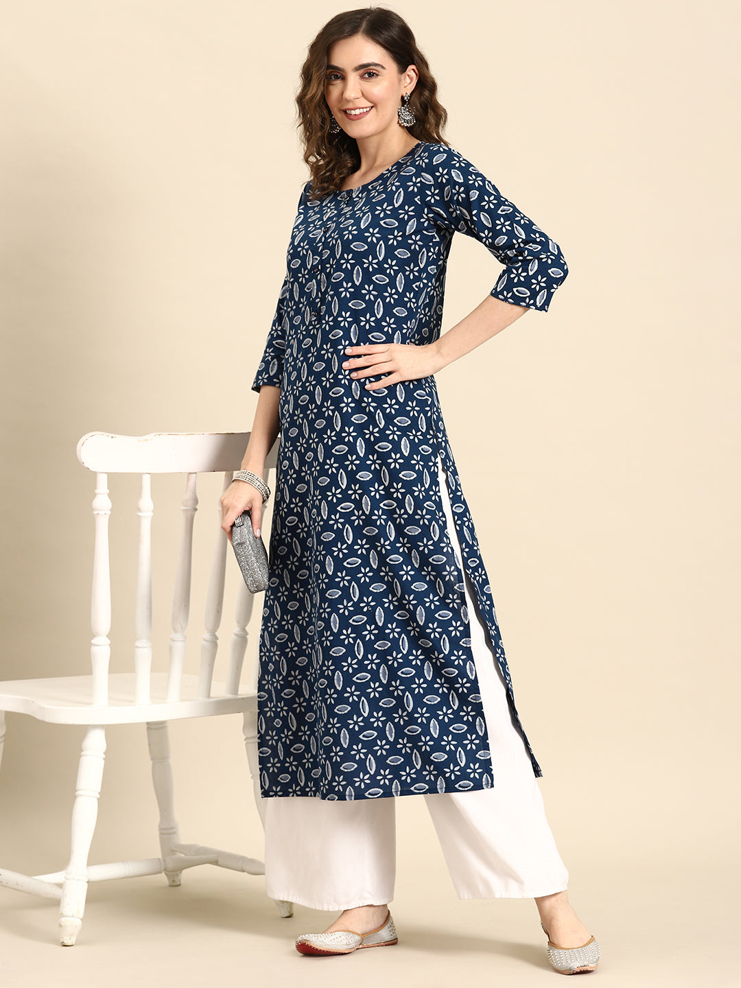 Women's Blue Ethnic Printed Straight Kurta with Three Quarter Sleeves