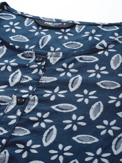 Women's Blue Ethnic Printed Straight Kurta with Three Quarter Sleeves