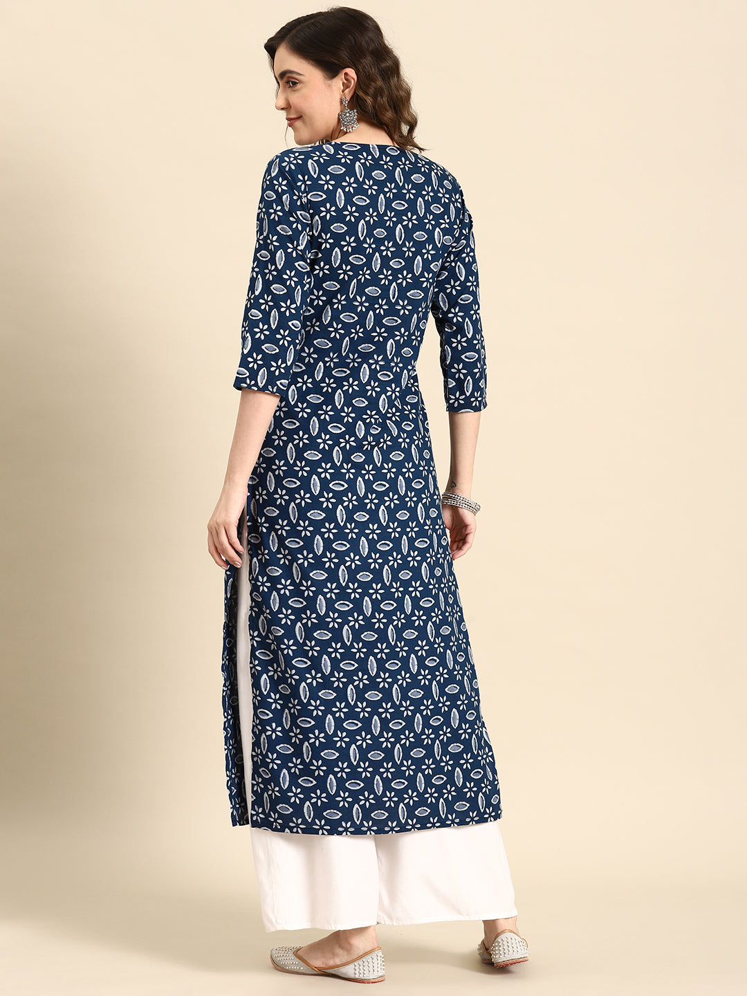 Women's Blue Ethnic Printed Straight Kurta with Three Quarter Sleeves