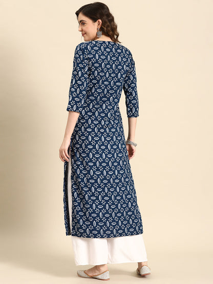 Women's Blue Ethnic Printed Straight Kurta with Three Quarter Sleeves