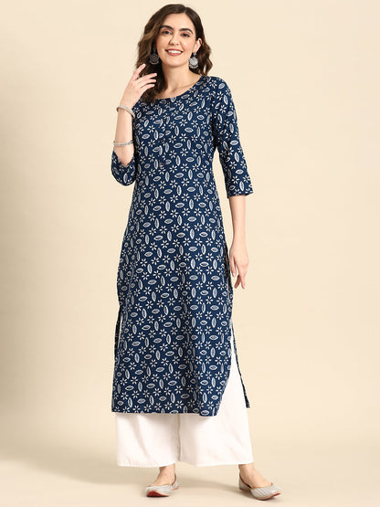 Women's Blue Ethnic Printed Straight Kurta with Three Quarter Sleeves