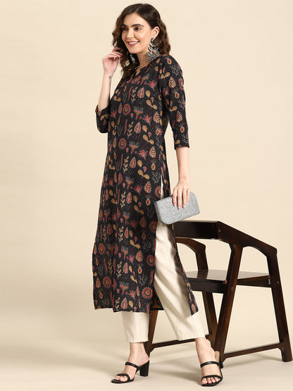 Women's Black Printed straight Kurta With three qurter sleeves