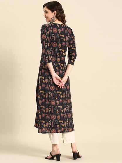 Women's Black Printed straight Kurta With three qurter sleeves