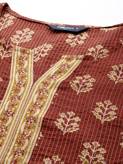 Women's Maroon Printed Straight Kurta With Three Quarter Sleeves