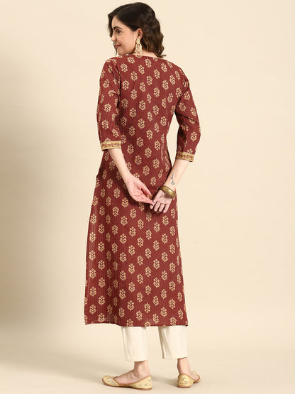 Women's Maroon Printed Straight Kurta With Three Quarter Sleeves