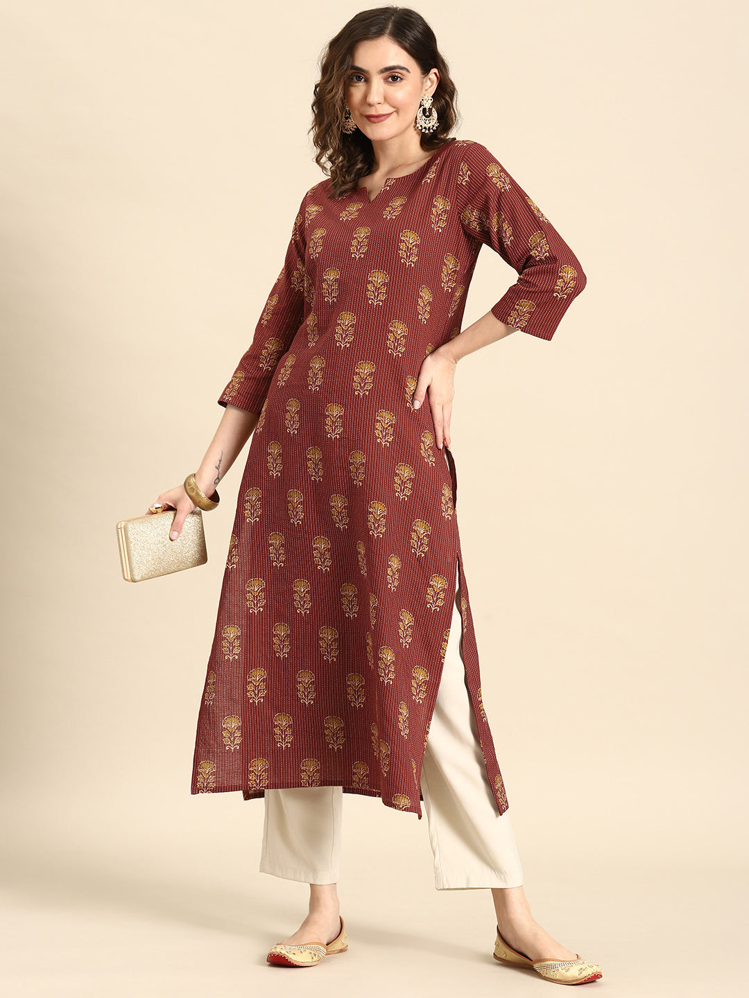 Women's Maroon Printed Straight Kurta With Three Quarter Sleeves
