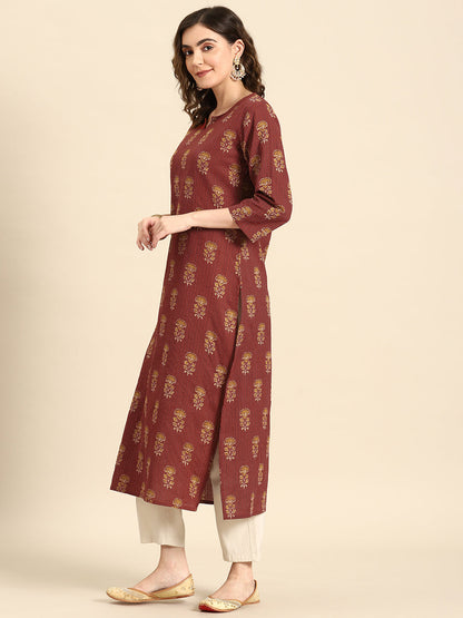 Women's Maroon Printed Straight Kurta With Three Quarter Sleeves