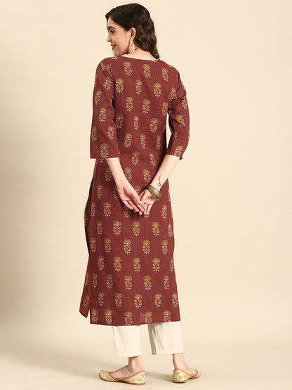 Women's Maroon Printed Straight Kurta With Three Quarter Sleeves