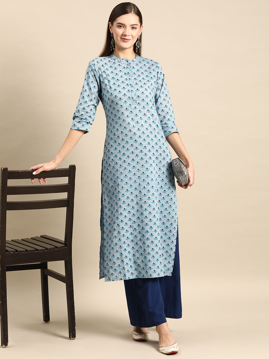 Women's Blue Ethnic Printed Straight Kurta with Three Quarter Sleeves