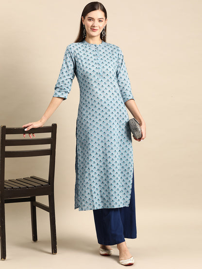 Women's Blue Ethnic Printed Straight Kurta with Three Quarter Sleeves