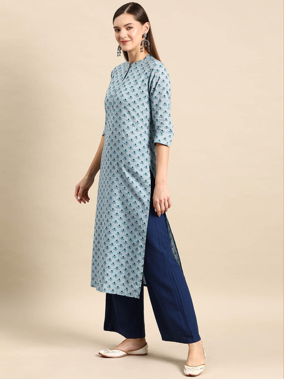 Women's Blue Ethnic Printed Straight Kurta with Three Quarter Sleeves