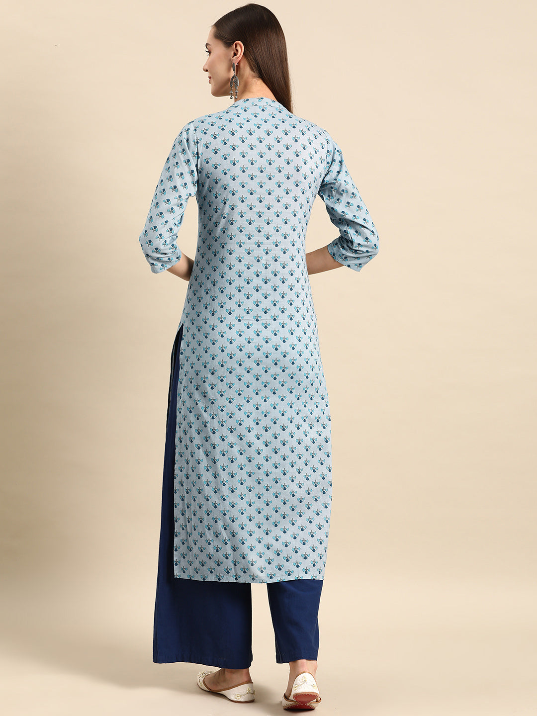Women's Blue Ethnic Printed Straight Kurta with Three Quarter Sleeves