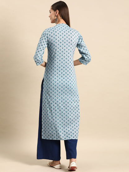 Women's Blue Ethnic Printed Straight Kurta with Three Quarter Sleeves