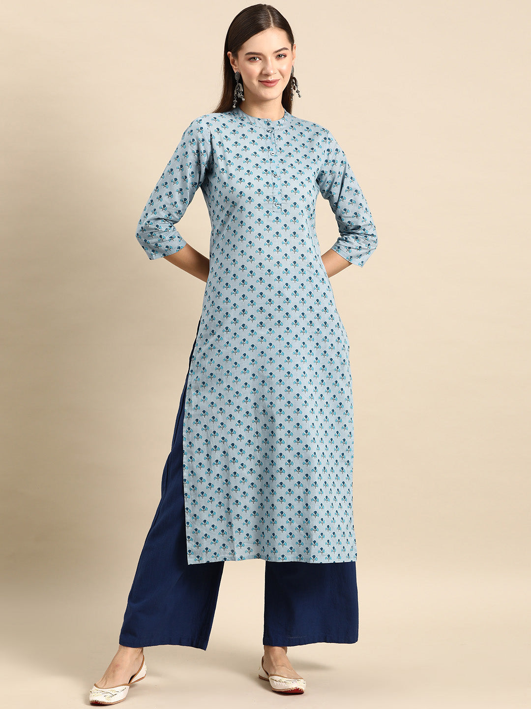 Women's Blue Ethnic Printed Straight Kurta with Three Quarter Sleeves