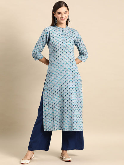 Women's Blue Ethnic Printed Straight Kurta with Three Quarter Sleeves