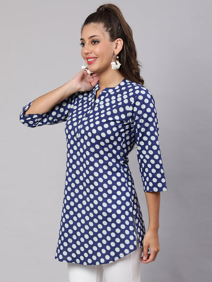 Women's Blue Straight Tunic With Three Quaretr Sleeves