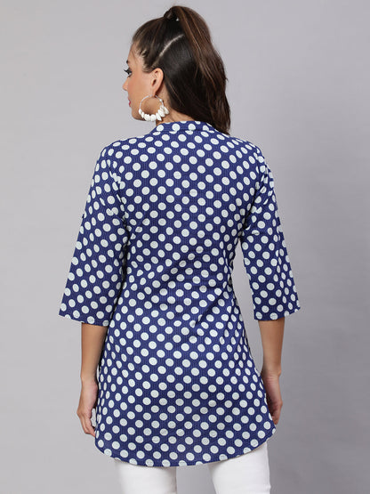 Women's Blue Straight Tunic With Three Quaretr Sleeves