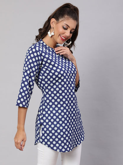 Women's Blue Straight Tunic With Three Quaretr Sleeves