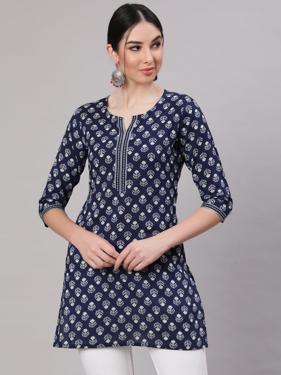 Women's Blue Straight Tunic With Three Quaretr Sleeves