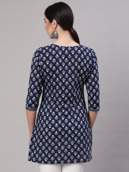 Women's Blue Straight Tunic With Three Quaretr Sleeves